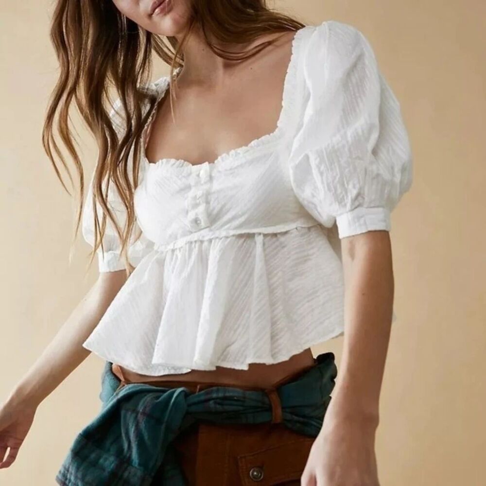 Free People Ivory Leave It To Me Square Neck Crop Top Blouse Womens XS